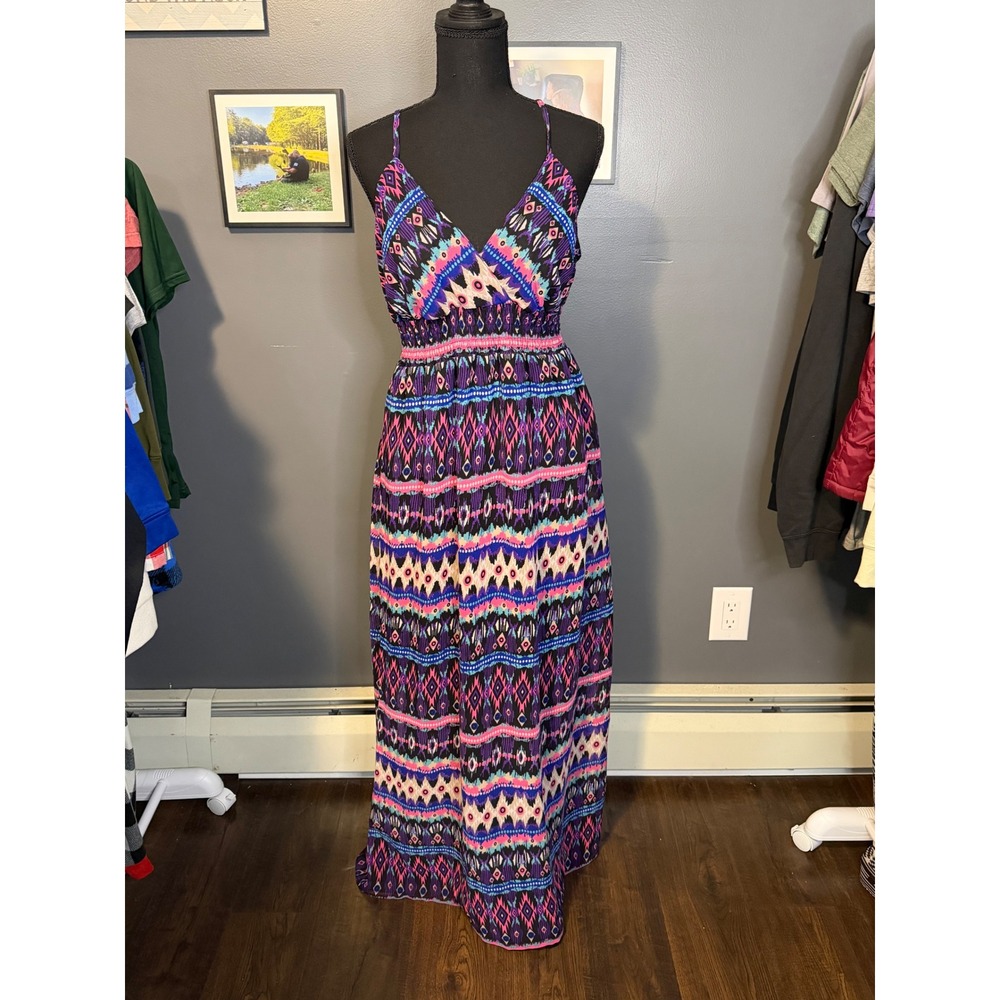 She's Cool Womens XL Maxi Dress Purple Pink Geometric Tribal Print 2000s Boho